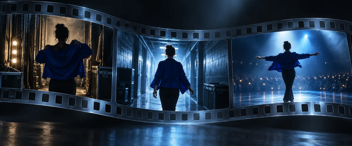 Connected cinematic frames with one dancer crossing scenes