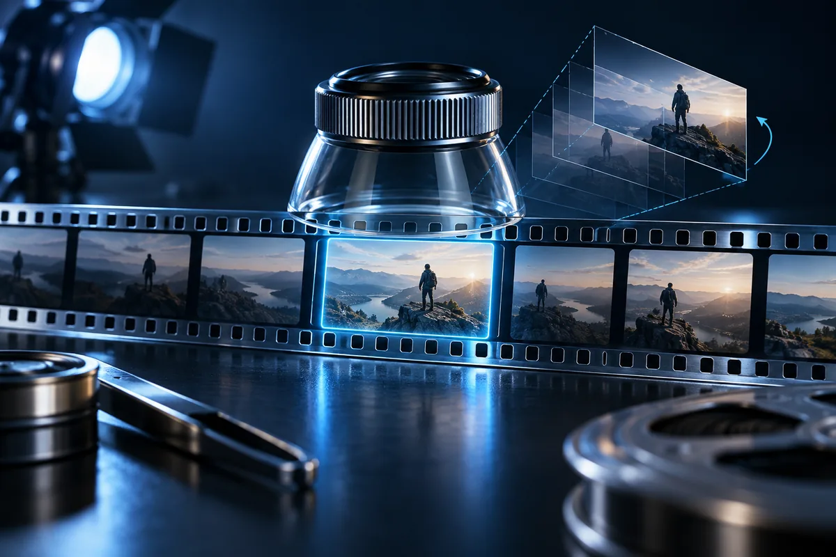 A highlighted film segment under a precise editing loupe