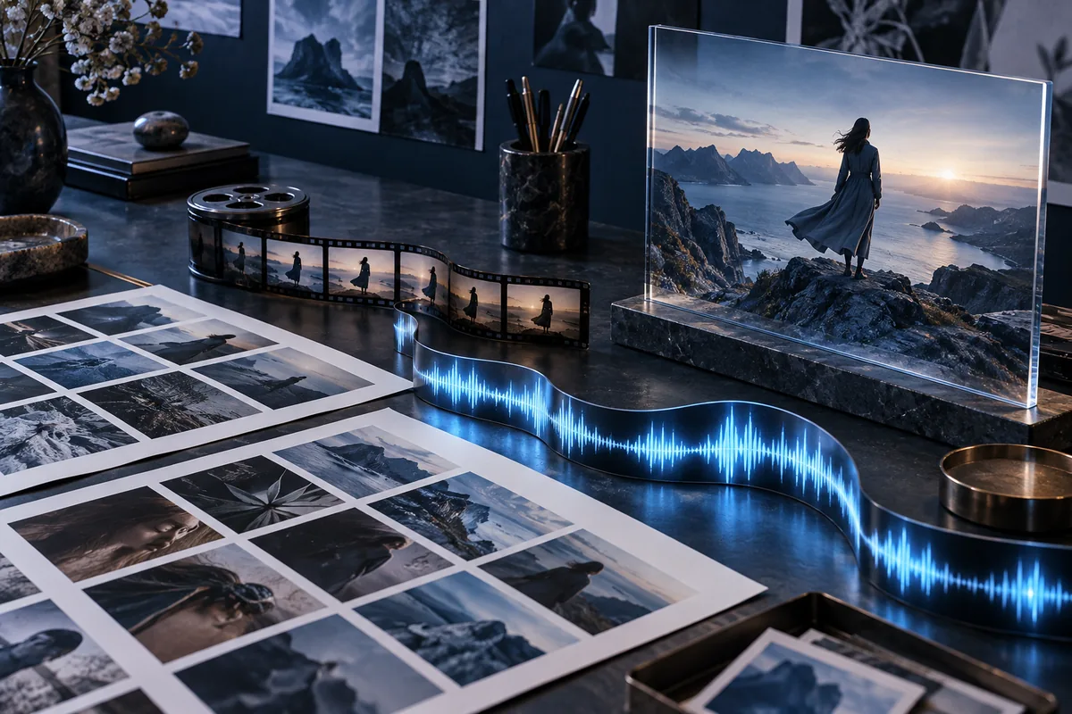 Photo references and a coherent scene on a blue-lit studio table