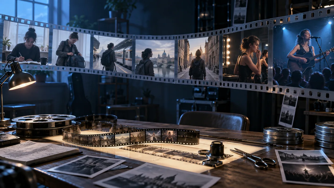 A connected film sequence on a blue-lit editing table