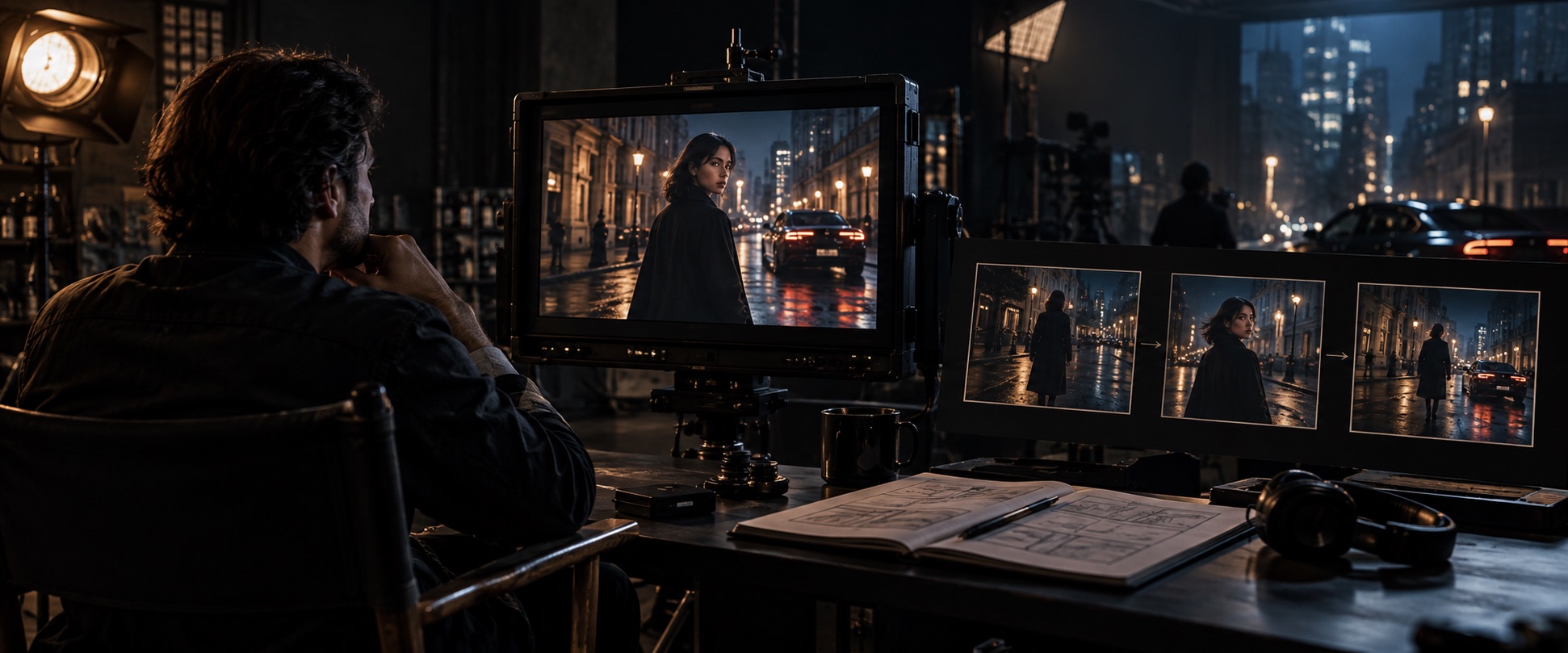 Illustration of a director planning a consistent subject across three cinematic frames
